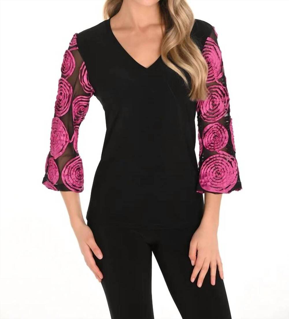 NEW FRANK LYMAN embroidered three quarter top in black/purple